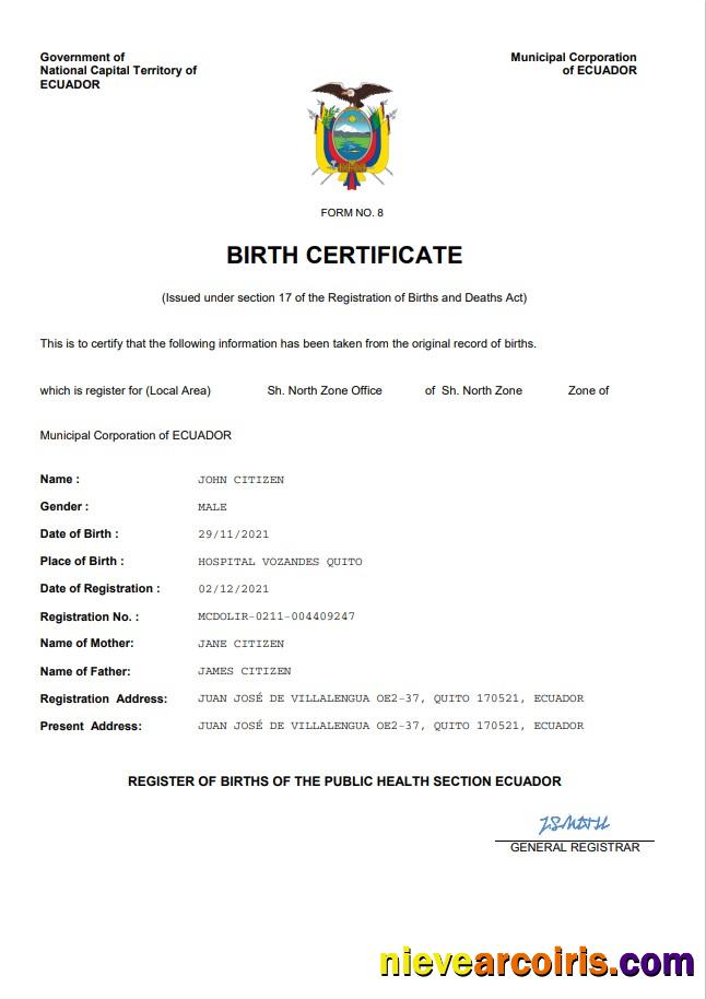 Ecuador vital record birth certificate